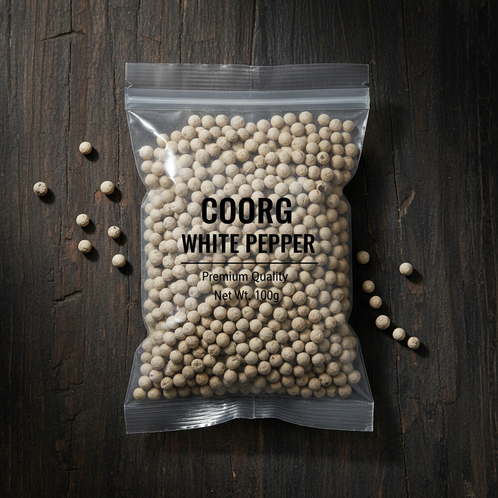 Coorg white pepper is a premium spice known for its mild heat, subtle aroma, and refined flavor profile. Sourced from the lush plantations of Coorg (Kodagu) in Karnataka