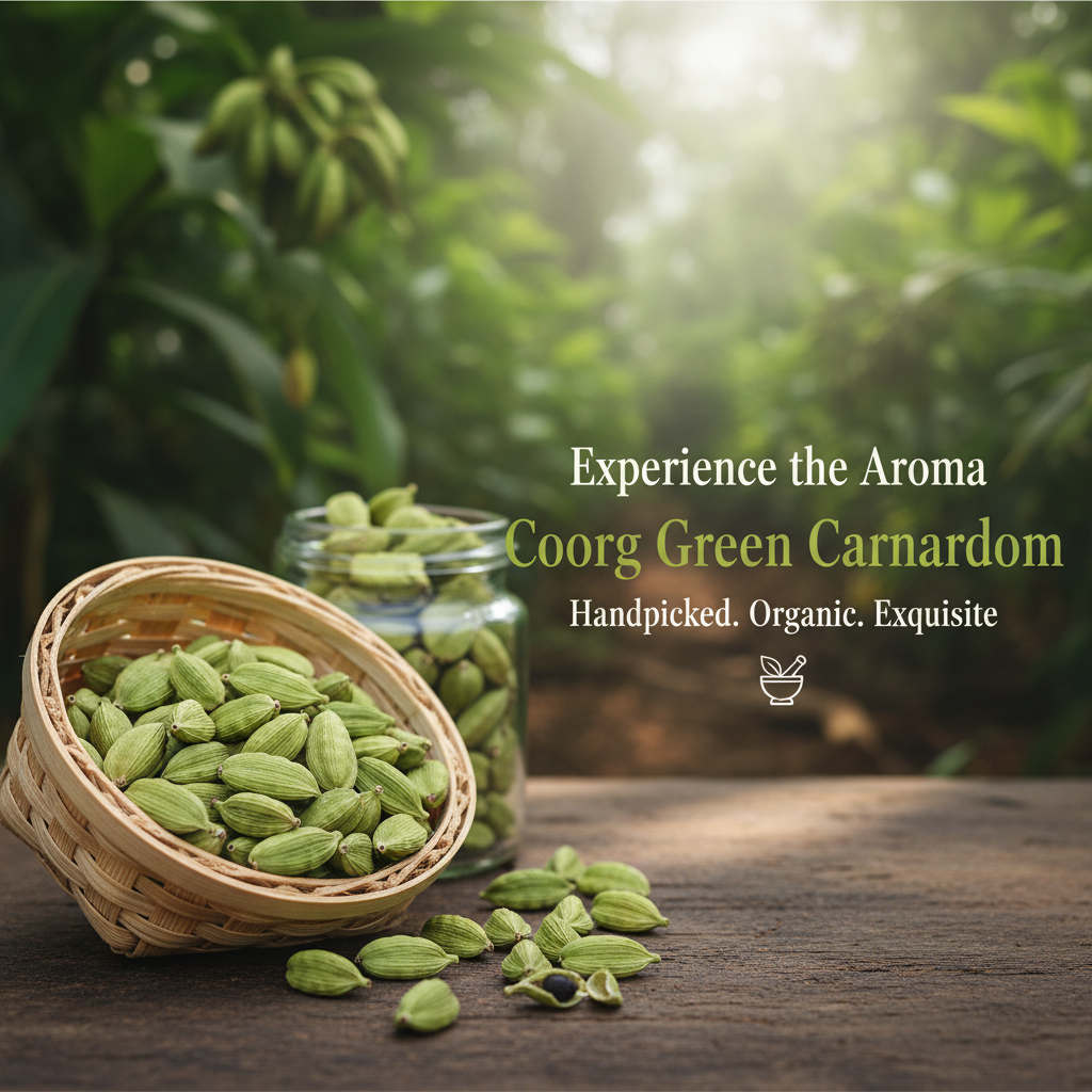 Discover the rich aroma and intense flavour of **Coorg Cardamom**, grown in the lush, misty hills of Kodagu, Karnataka. Known for its **high essential oil content and bold fragrance**, Coorg cardamom is prized by chefs, households, and spice lovers across India.